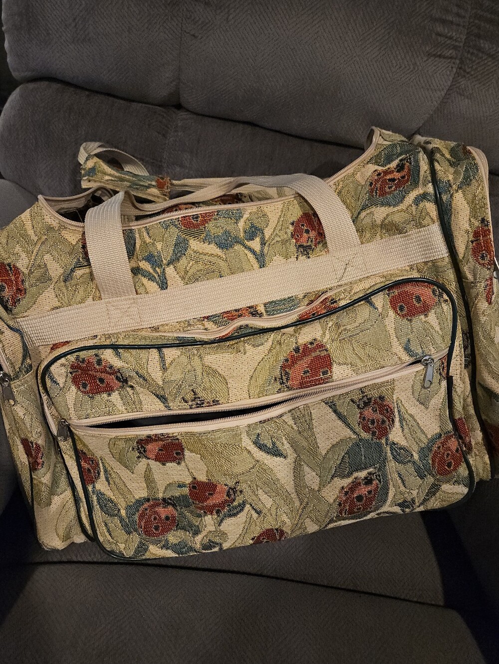 Tapestry Style Duffel Bag Green With Red Lady Bugs